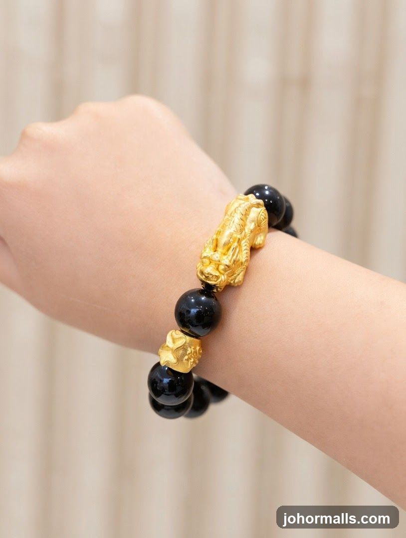 Hand wearing gold and black bead bracelet