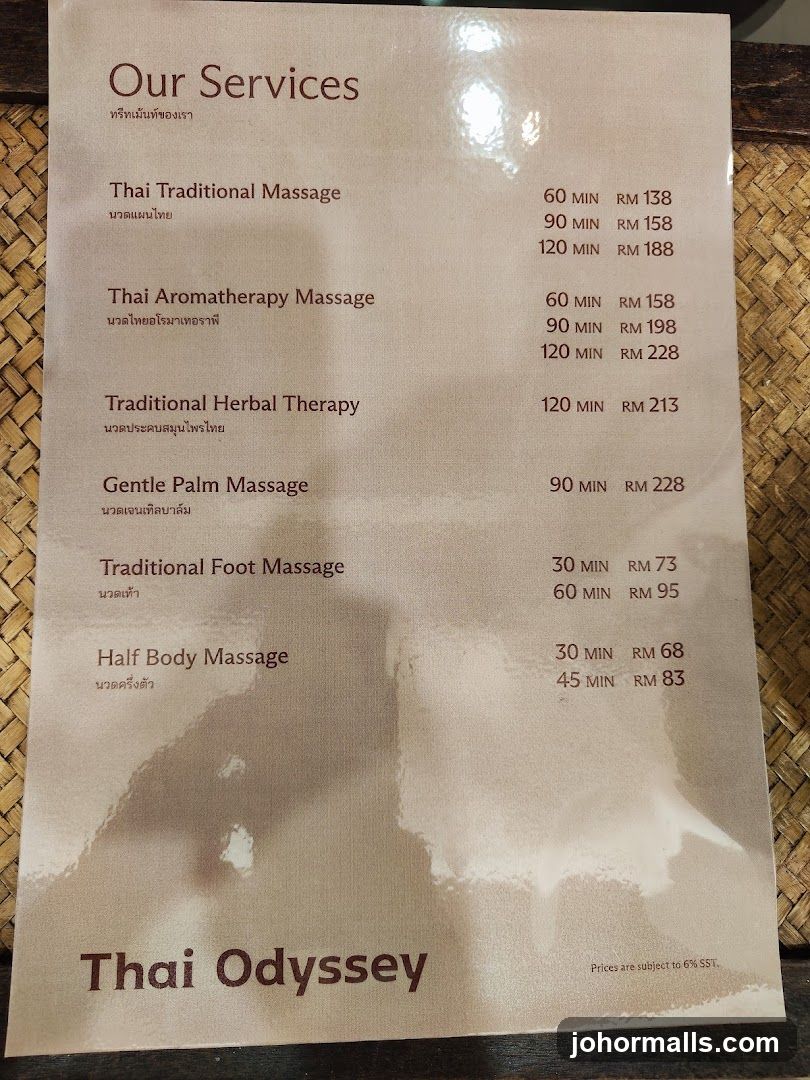 Thai Odyssey Services Menu