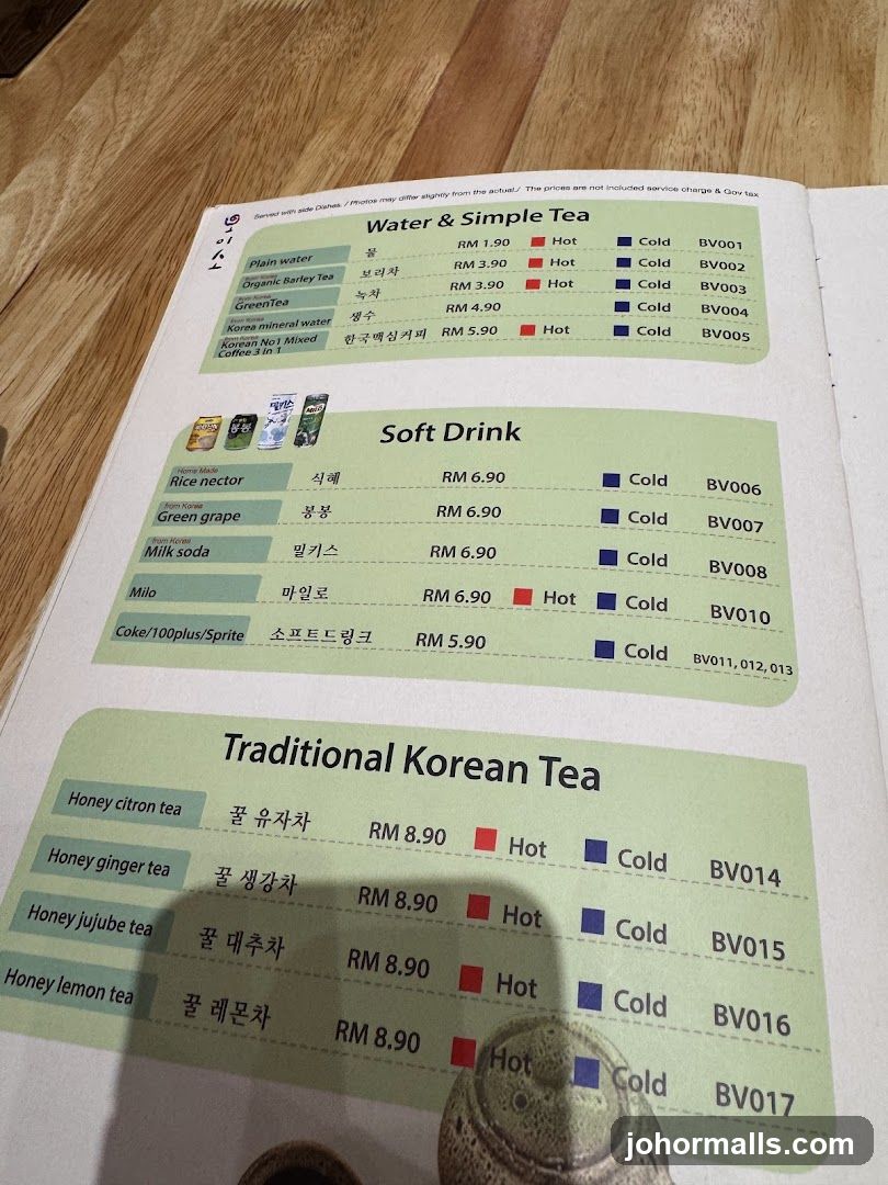 Tea and Soft Drink Menu