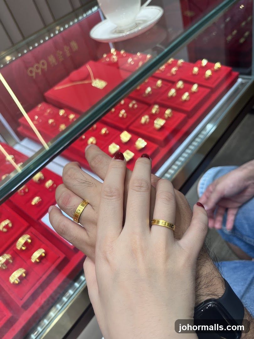 Couple wearing gold rings in a jewelry store