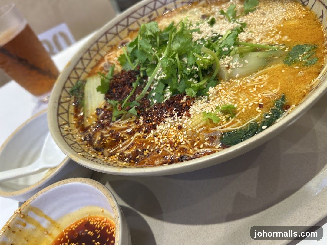 Spicy Noodle Soup with Greens and Sesame Seeds