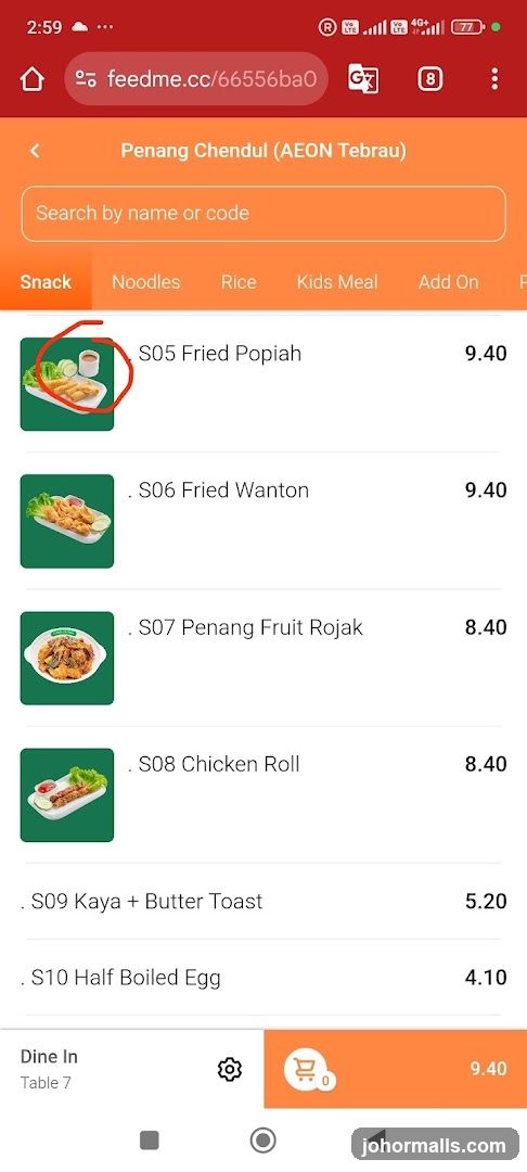 Penang Chendul (AEON Tebrau) Menu
