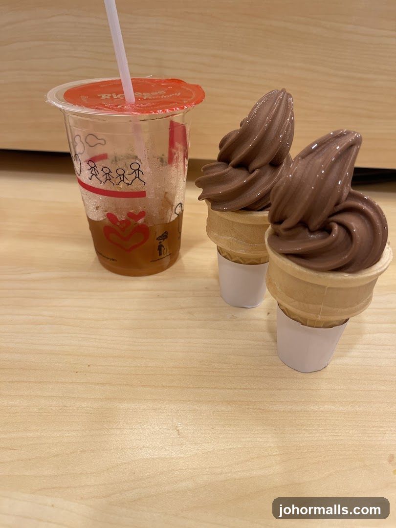 Chocolate soft serve ice cream and a drink