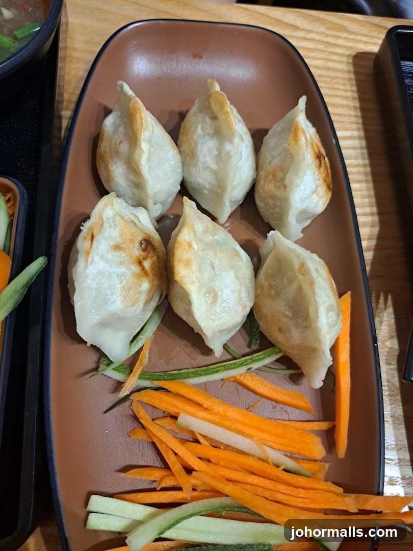 Pan-fried dumplings with julienned vegetables