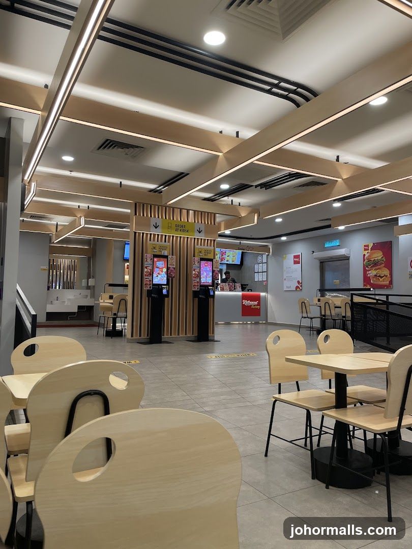 Restaurant Interior with Seating and Ordering Kiosks
