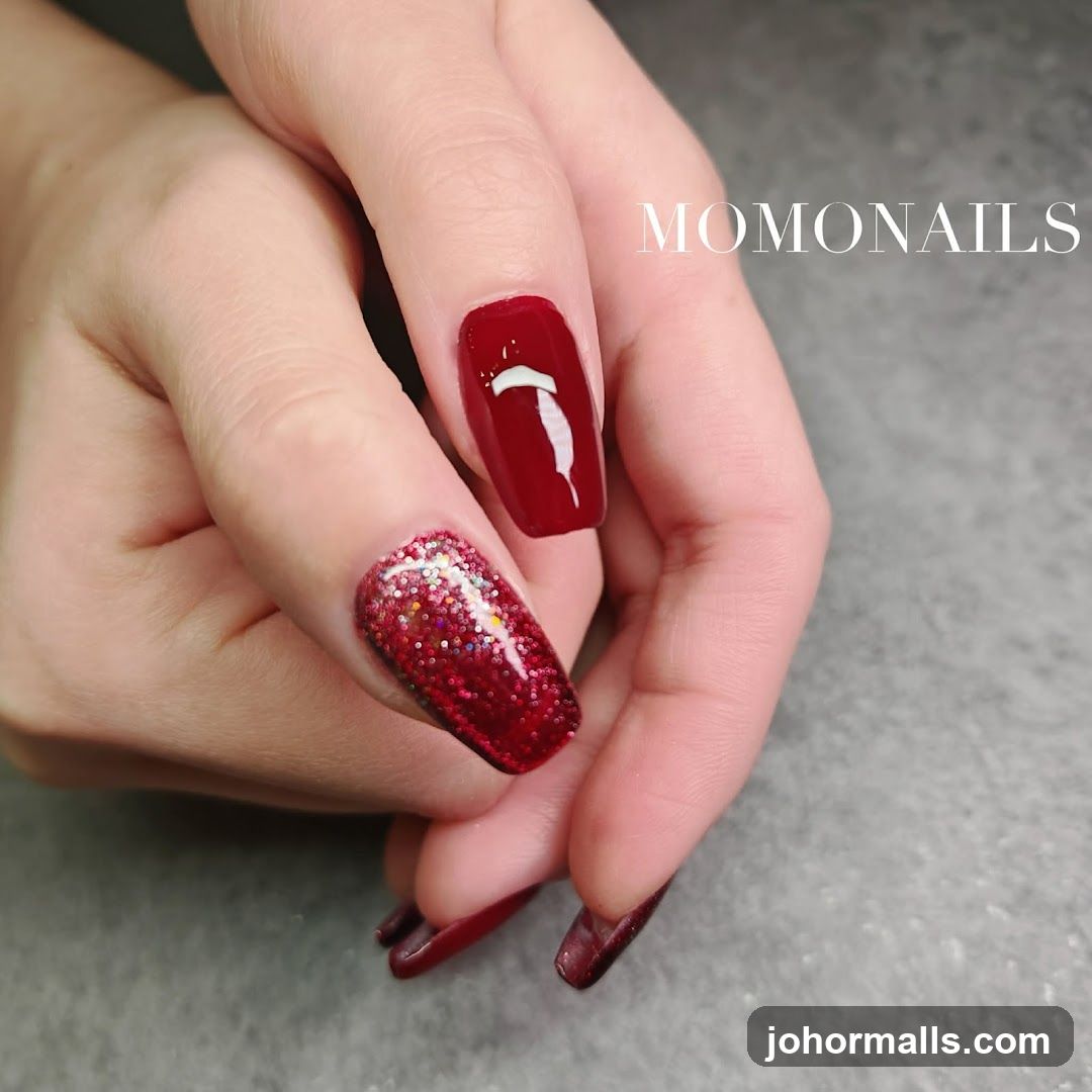 Red Glitter and White Design Nails