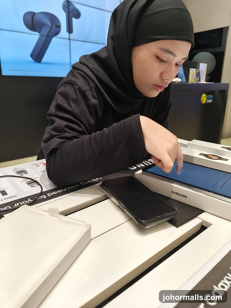 Woman Interacting with Samsung Devices