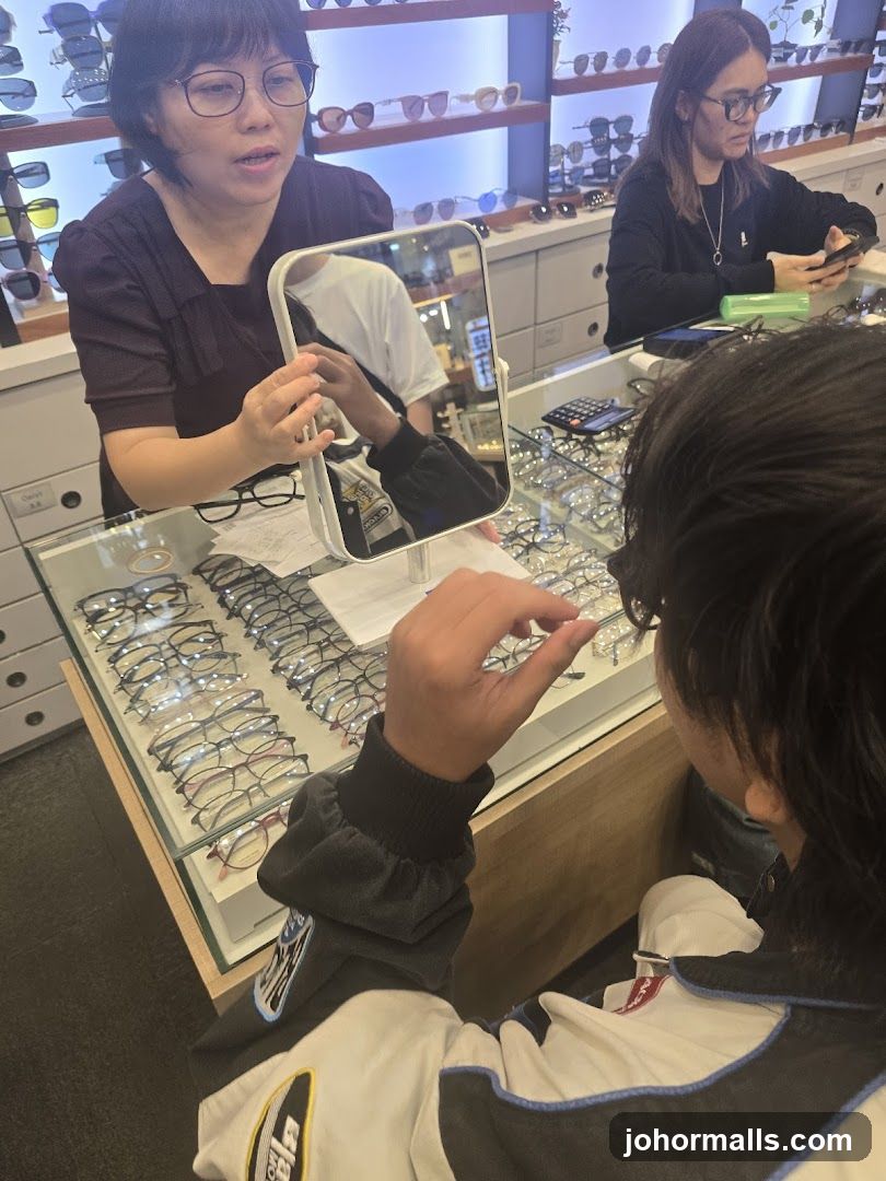 Optician assisting customer