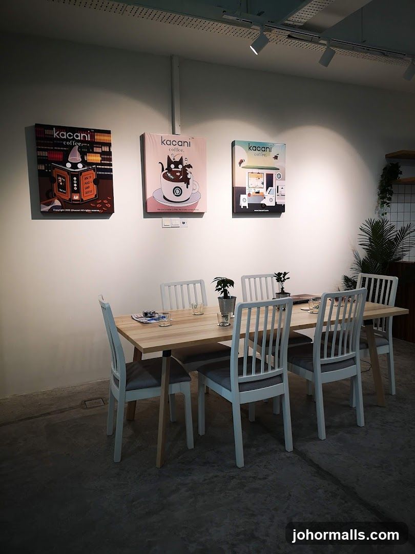 Coffee shop interior with artwork and dining table