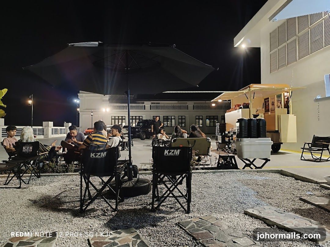 Outdoor seating area at night