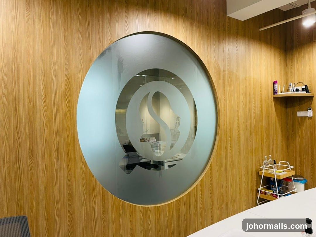 Frosted Glass Logo on Wood Panel Wall