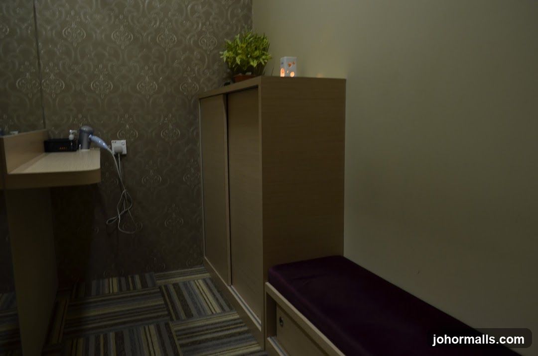 Interior of a room with a vanity and storage