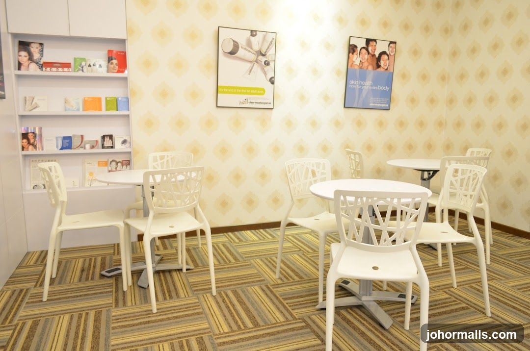 Waiting area with products on shelves