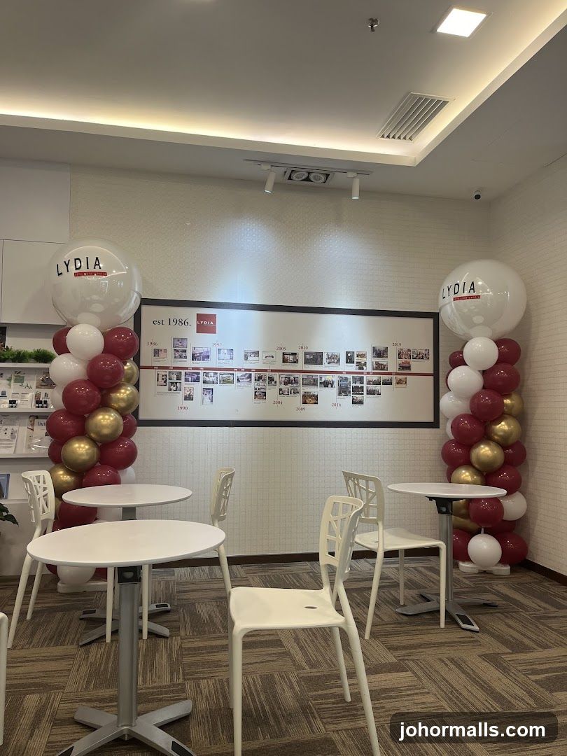 Interior of a business with balloons and a timeline display