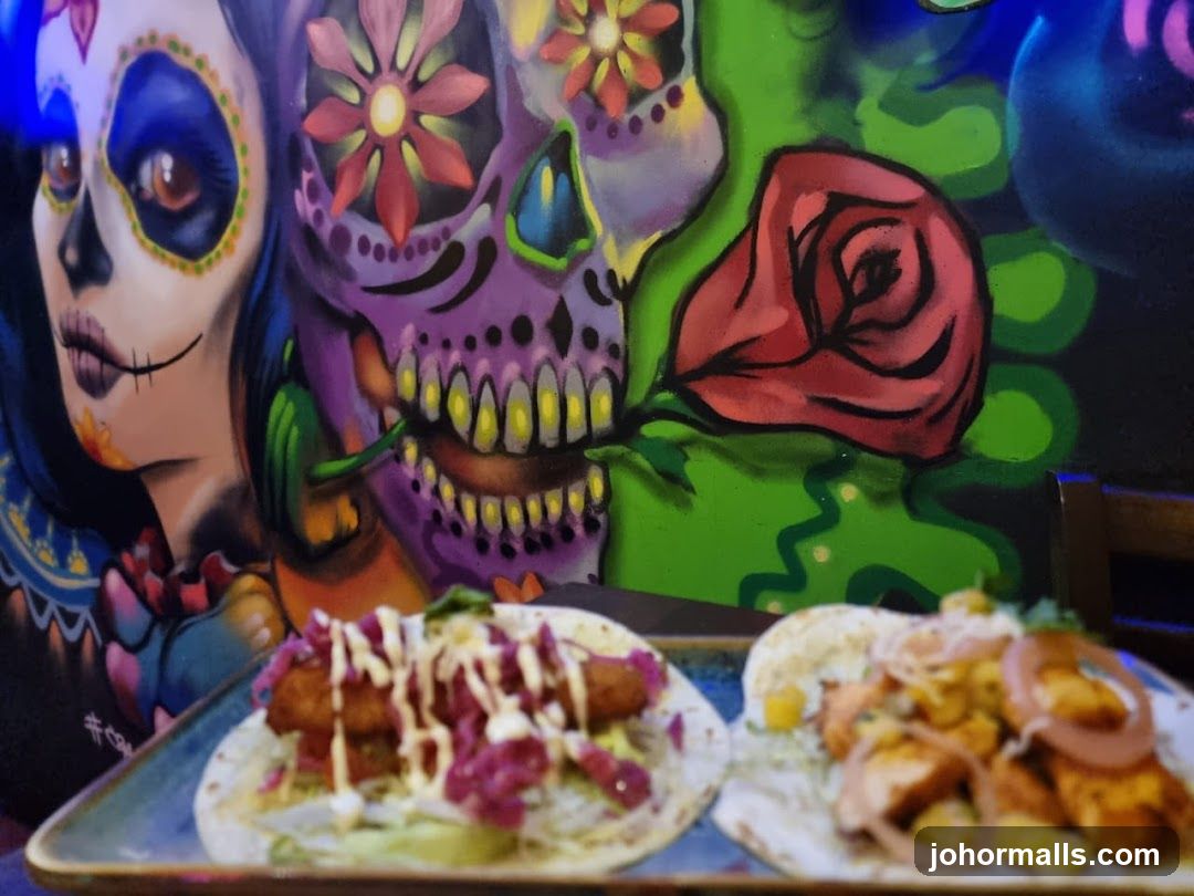 Tacos with Dia de los Muertos Mural