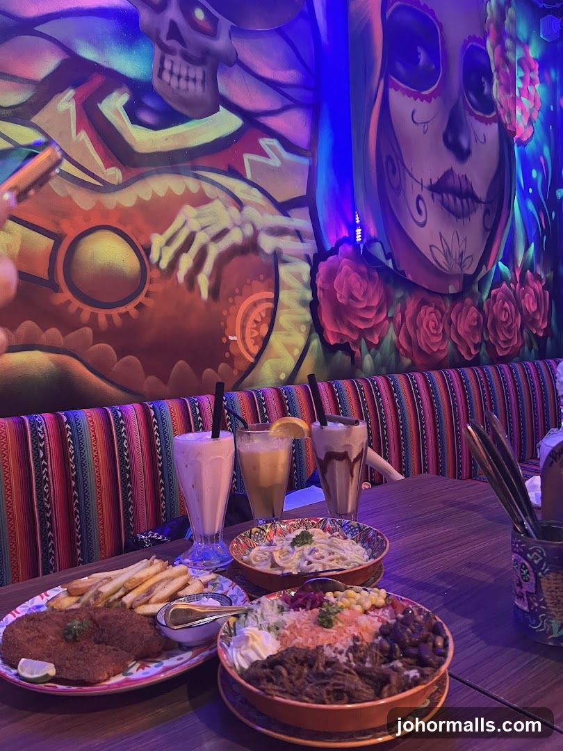 Vibrant Restaurant Interior with Food and Drinks