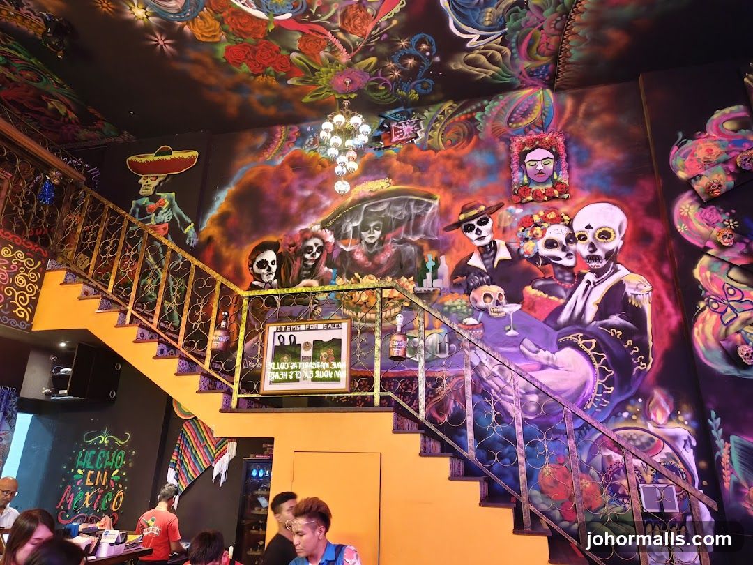 Vibrant Mexican-themed interior with Dia de los Muertos art