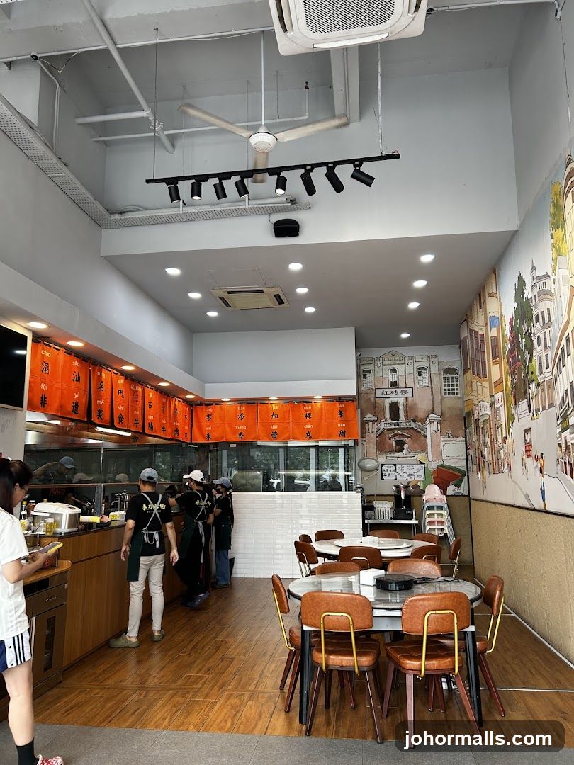 Restaurant Interior with Dining Tables and Kitchen Area