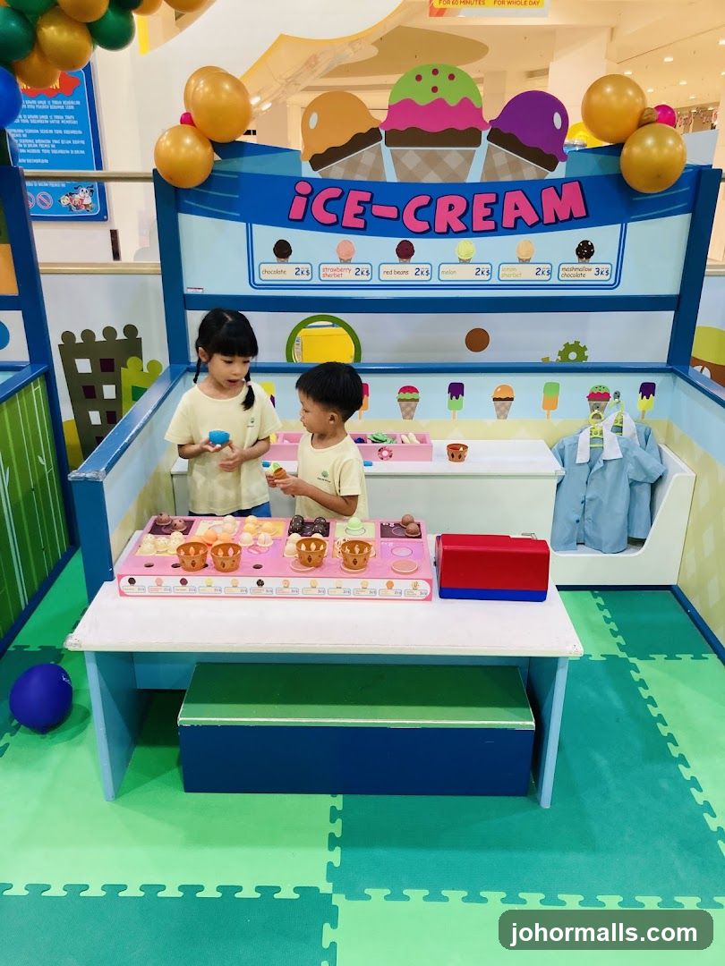 Children playing at an ice cream stand