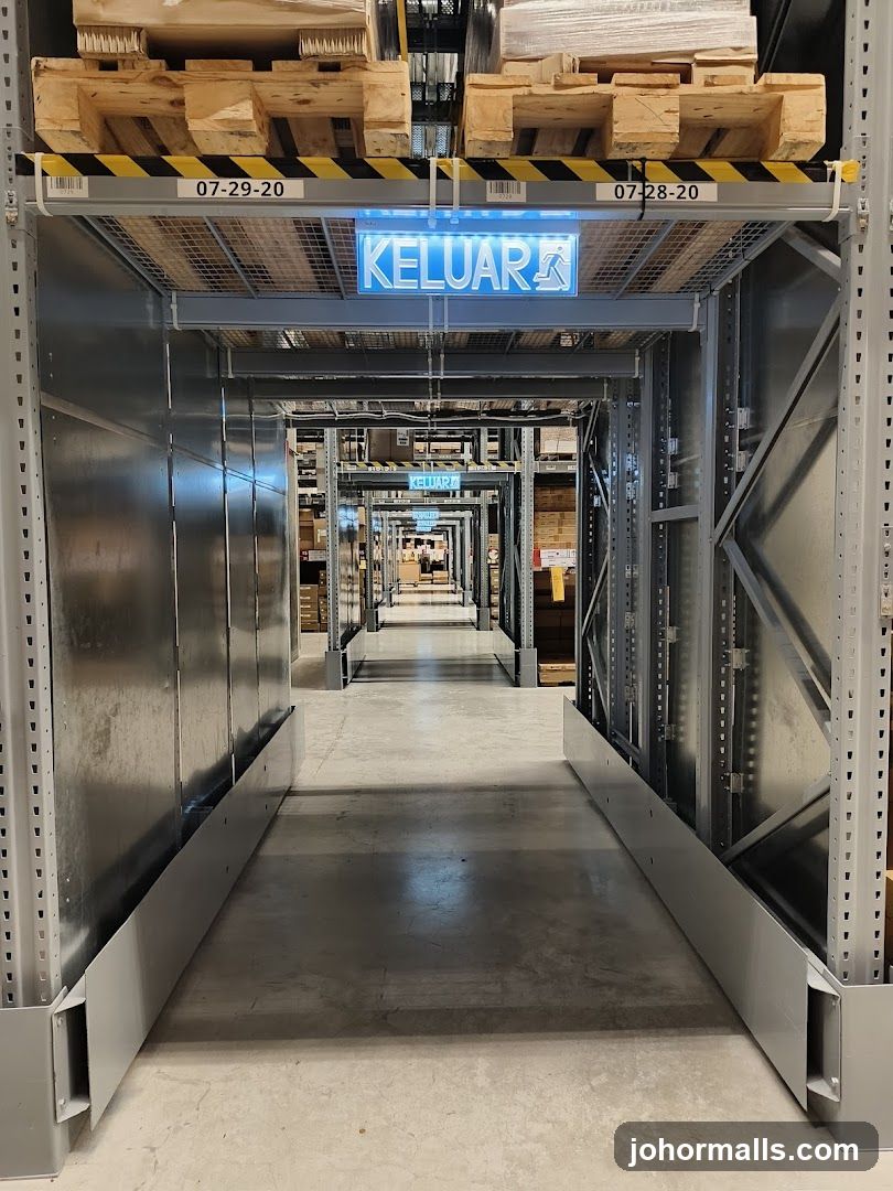 Warehouse Aisle with Exit Signs