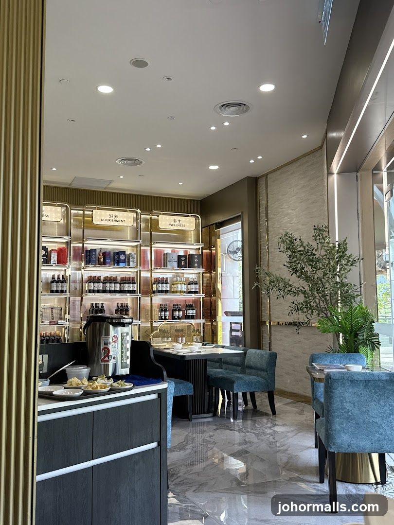 Interior of a modern establishment with shelves of bottled products and seating areas.