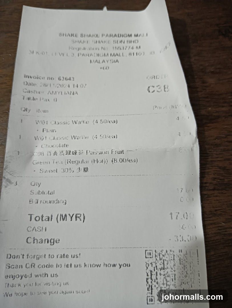 SHAKE SHAKE PARADIGM MALL Receipt