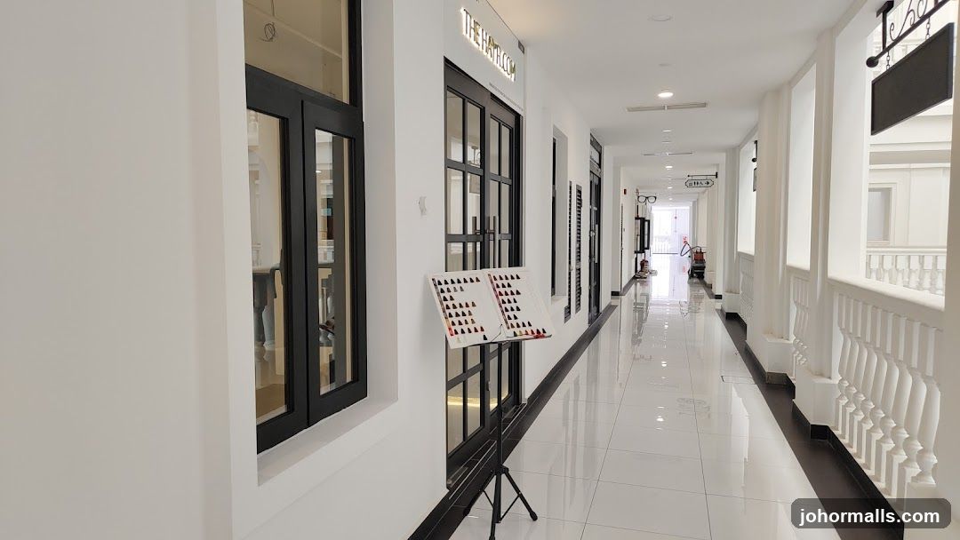 Hallway with salon entrance and color swatches