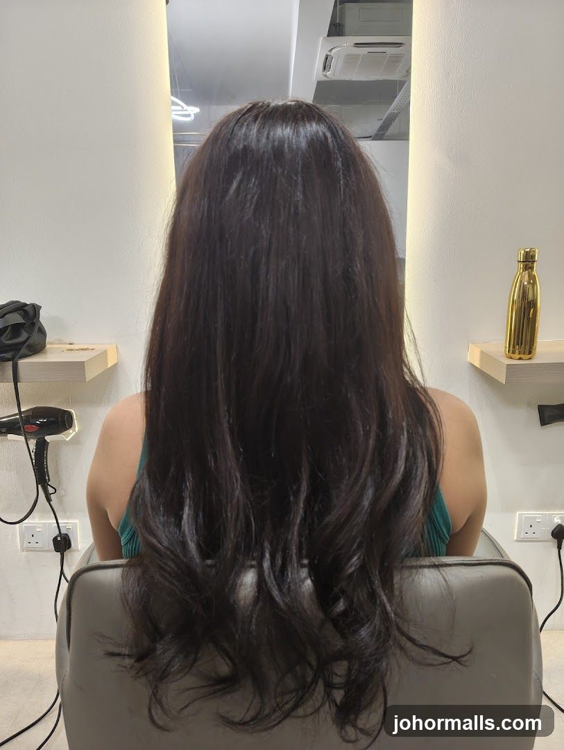 Woman with long dark hair sitting in a salon chair