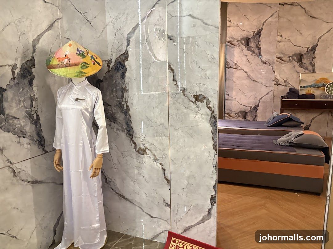 Mannequin in traditional Vietnamese attire with painted conical hat