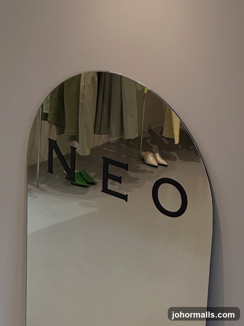 Mirror with "NEO" logo and shoes