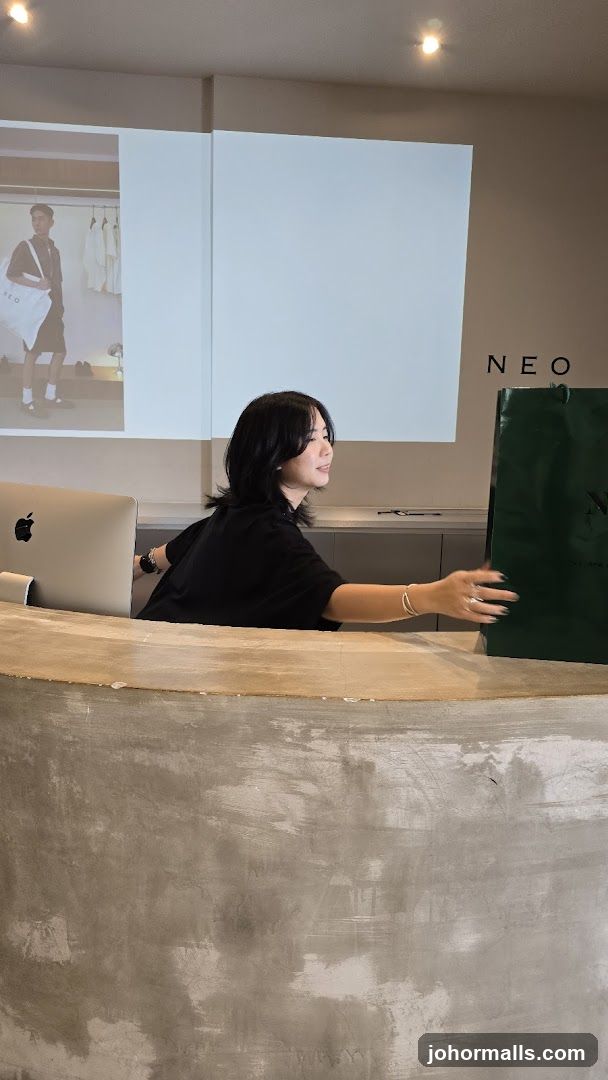 Woman handing a shopping bag at a counter