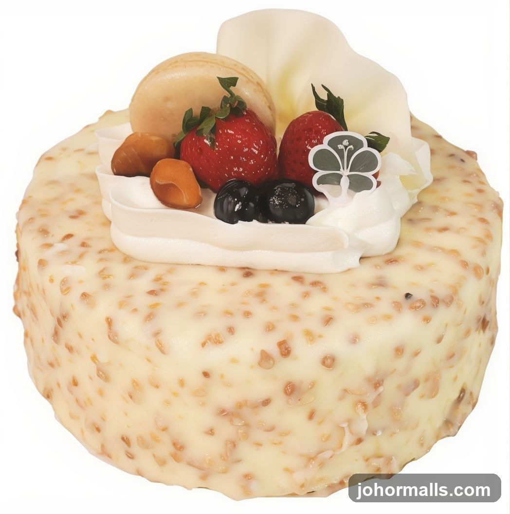 White Frosted Cake with Fruit and Macaron