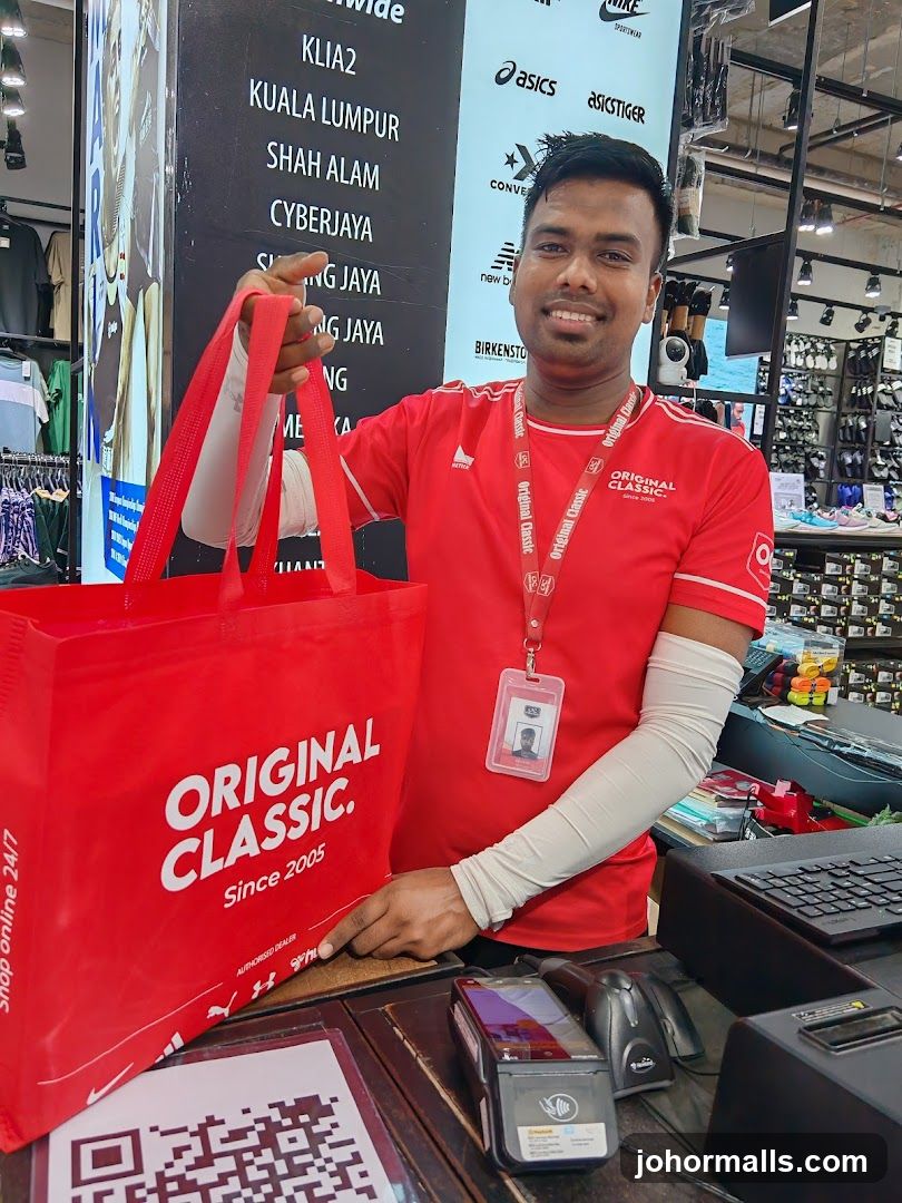 Employee holding a shopping bag
