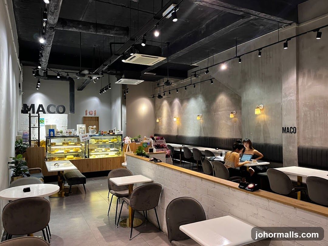 Cafe Interior with Display Cases and Seating