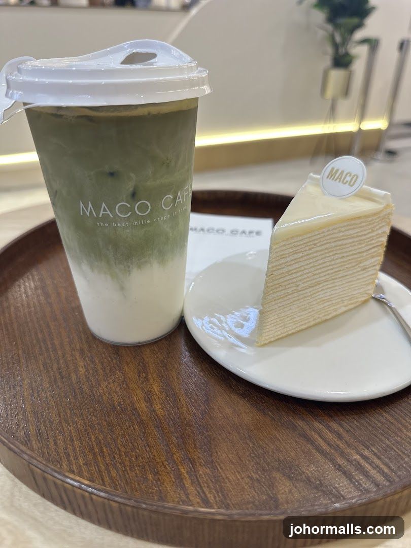 Matcha drink and mille crepe cake
