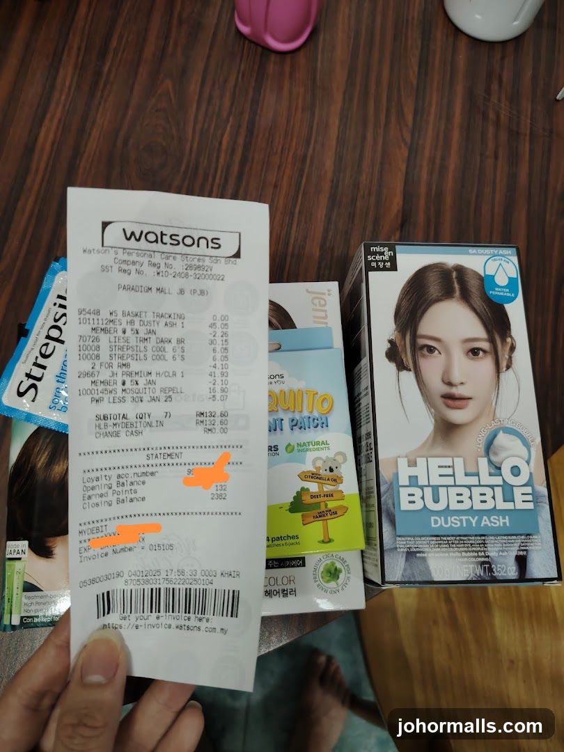 Watsons Receipt and Hair Dye Box