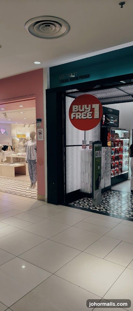 Cosmetics store with "Buy 1 Free 1" promotion