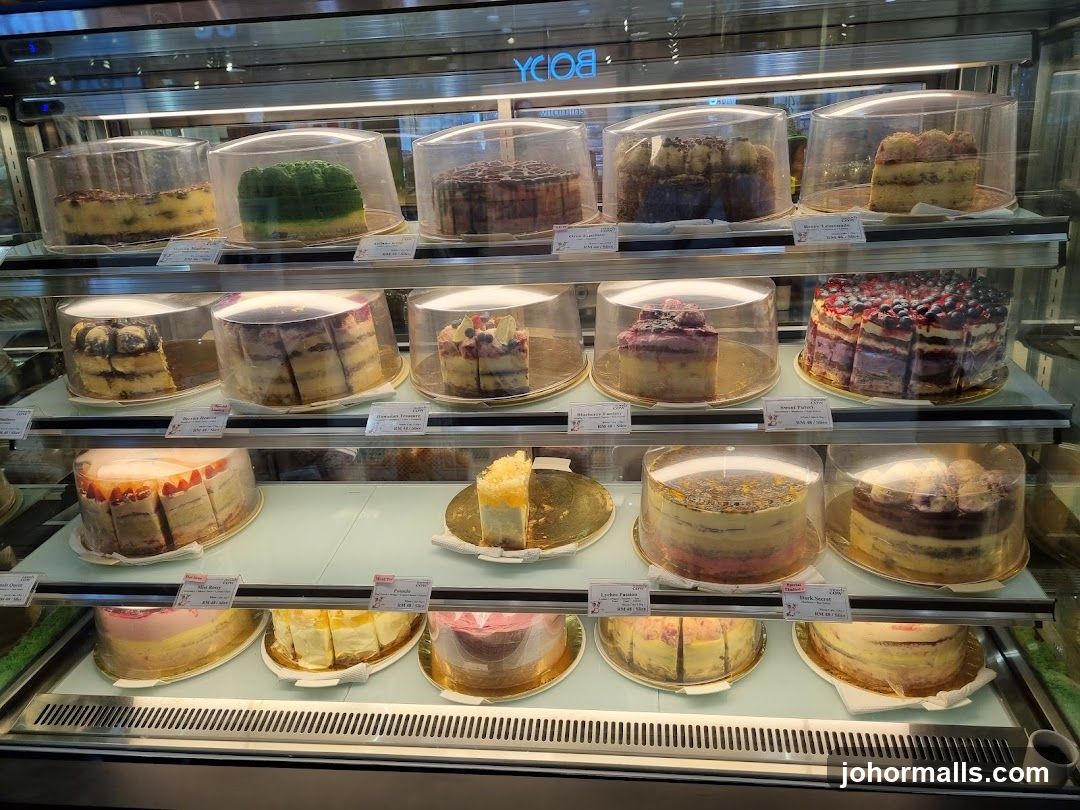 Cakes in a display case