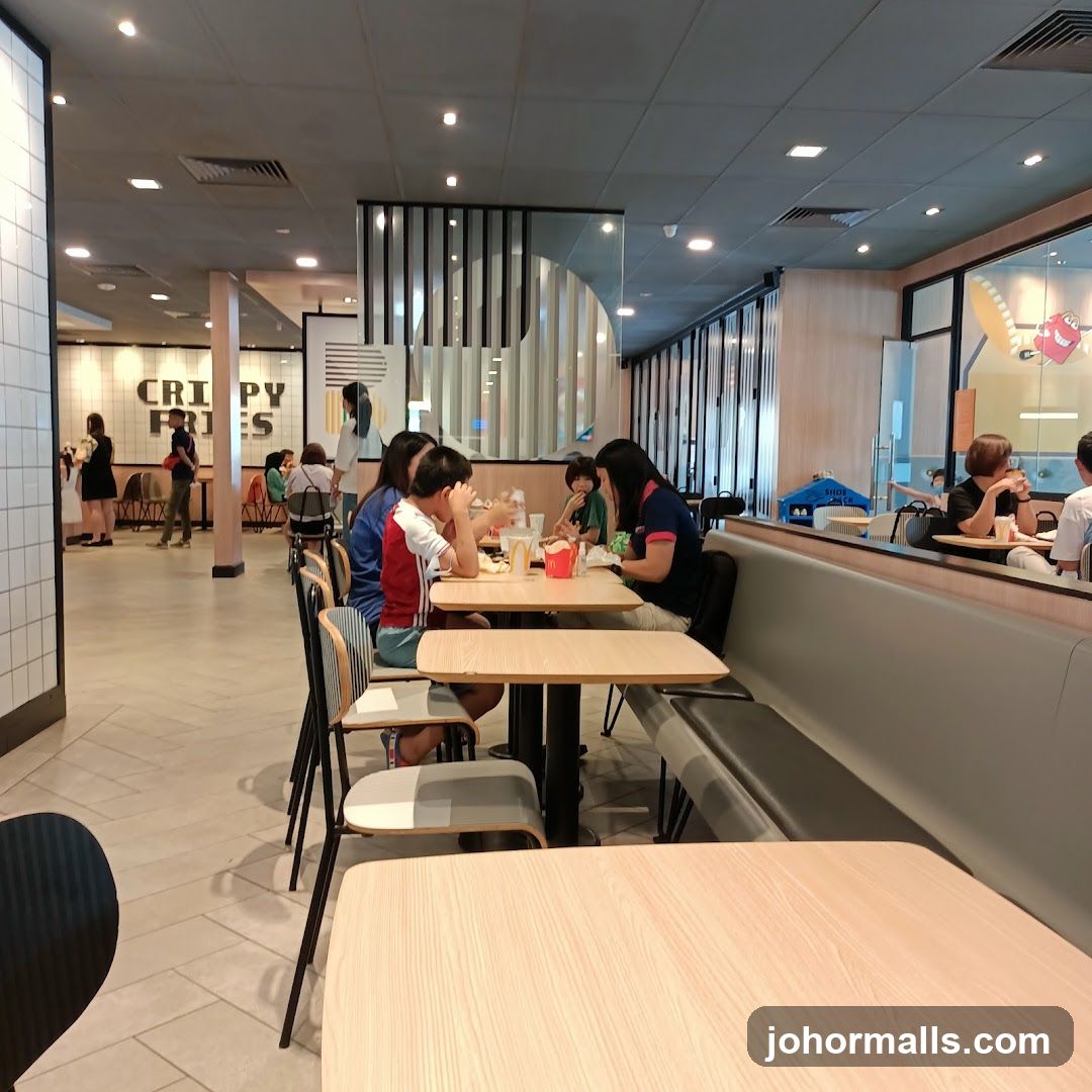 People eating at tables in a fast-food restaurant