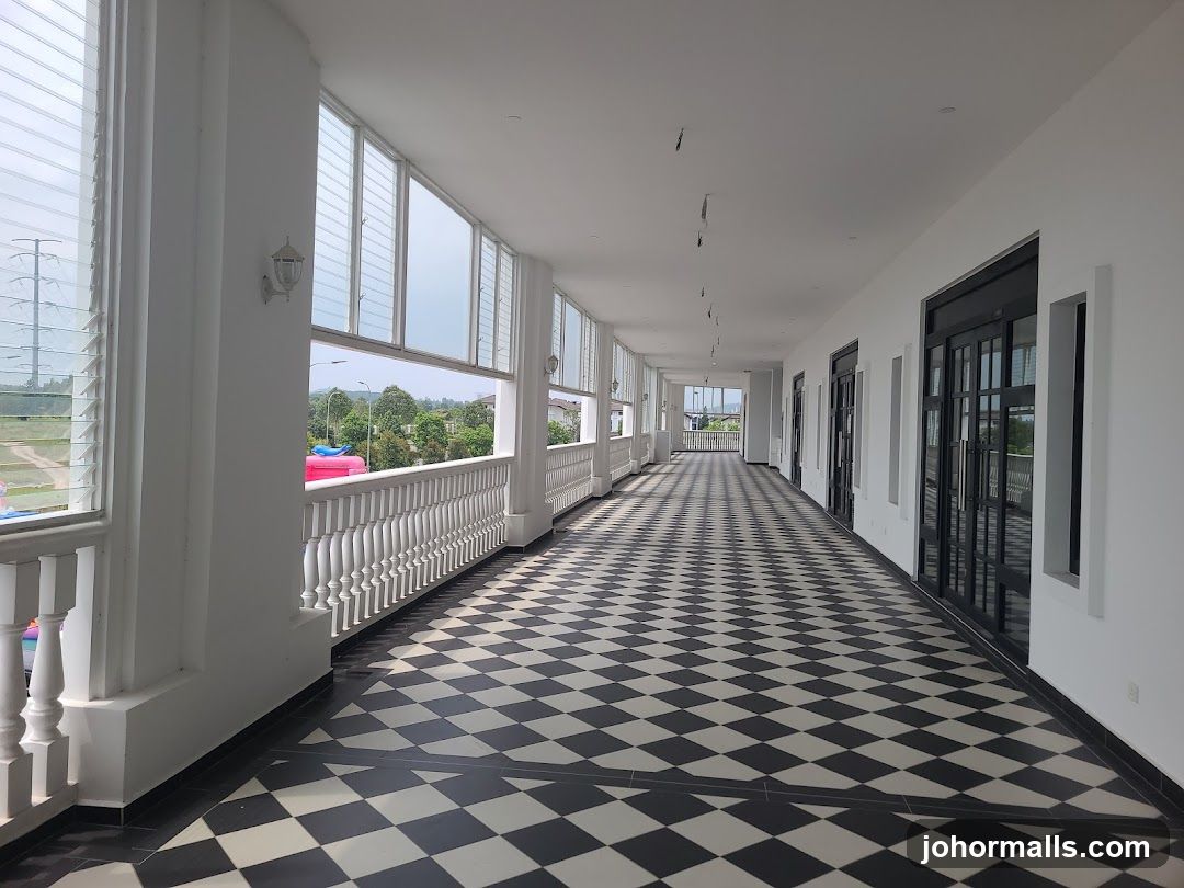 Hallway with Black and White Tiled Floor