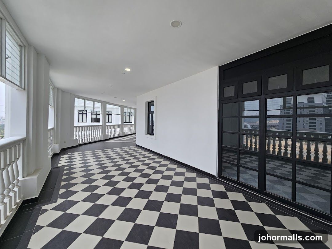 Hallway with Black and White Tiled Floor
