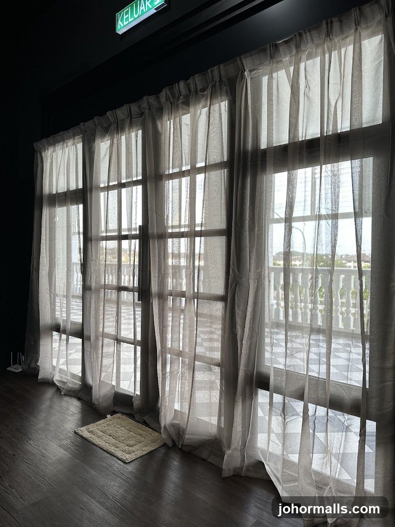 Interior with Sheer Curtains and Exit Sign