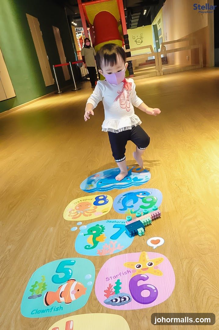 Child playing on numbered floor mats