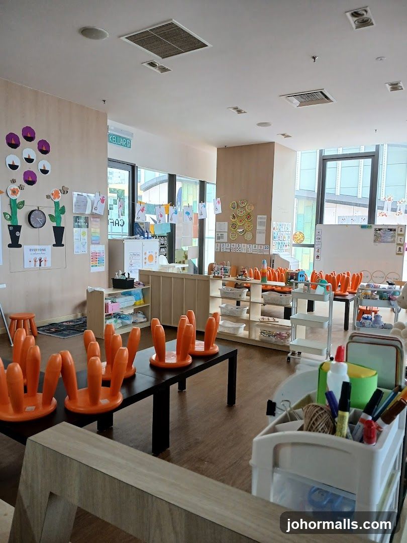 Classroom with orange chairs and art supplies