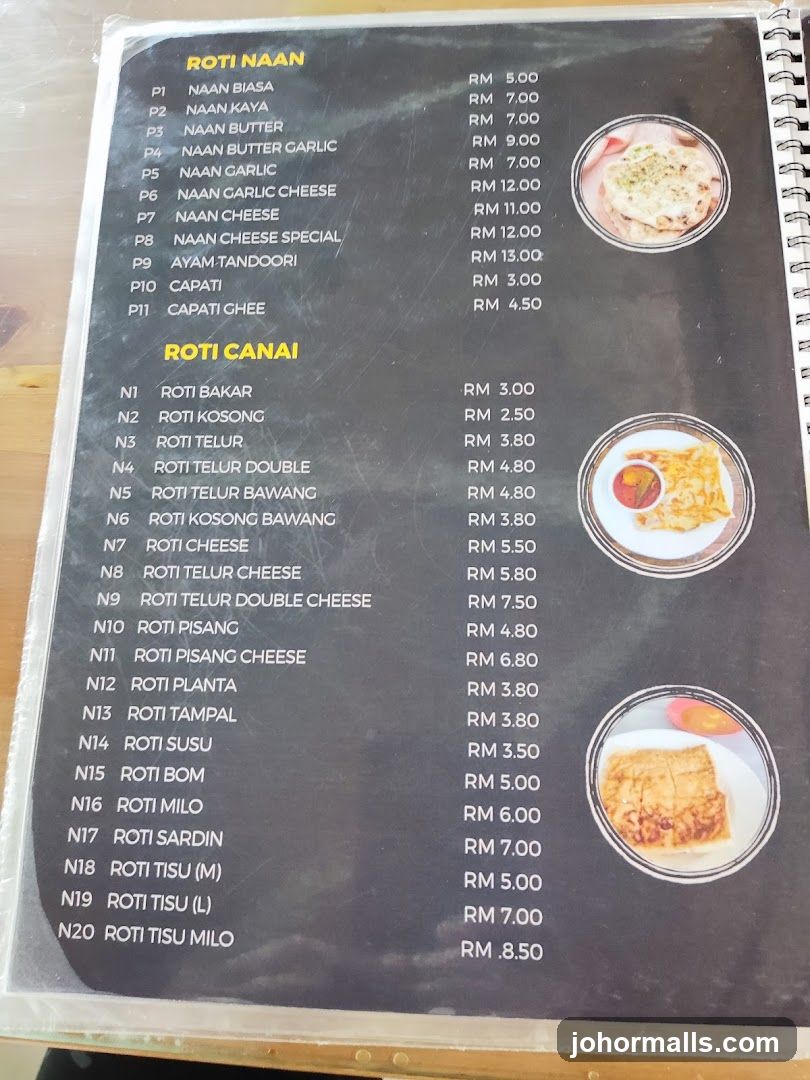 Roti Naan and Roti Canai Menu