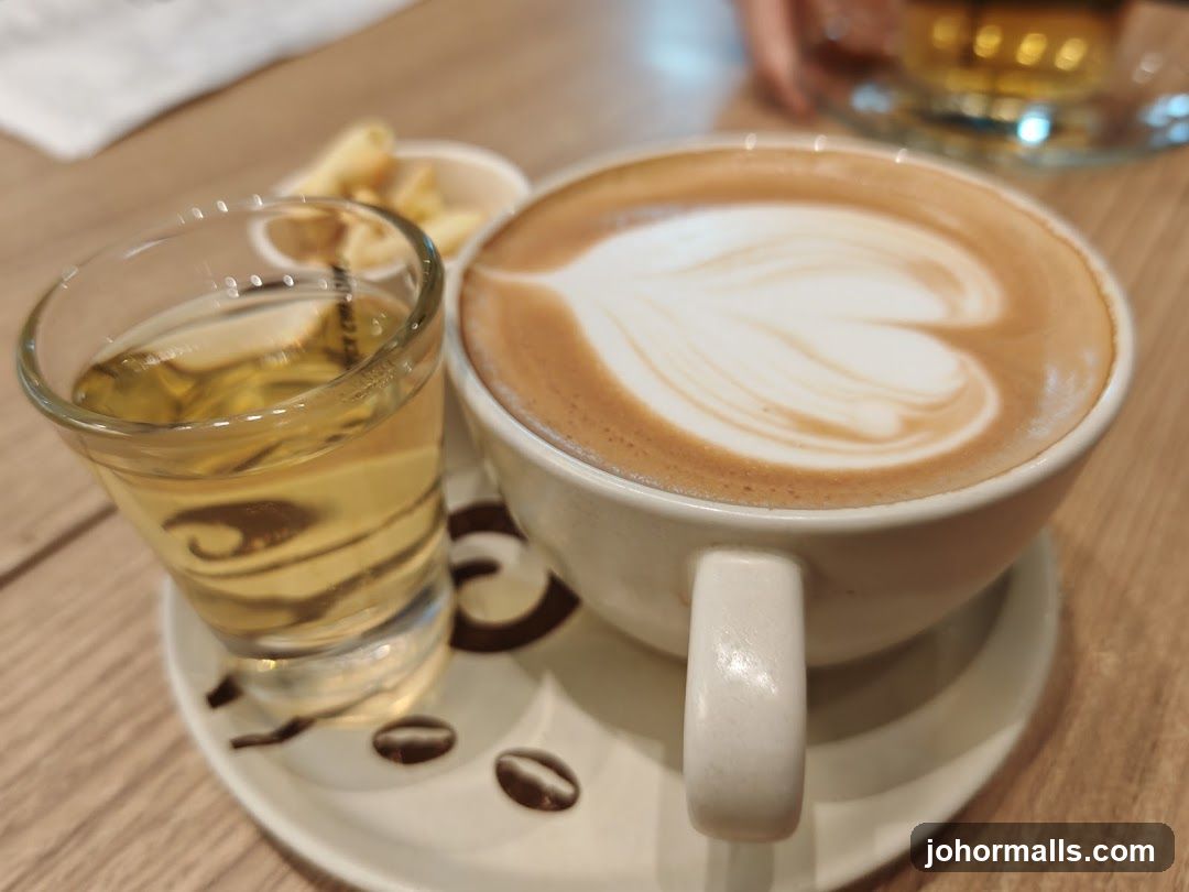 Latte with a side of tea and snacks