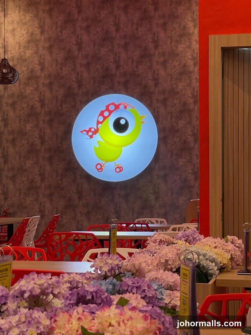 Restaurant Interior with Cartoon Chicken Logo