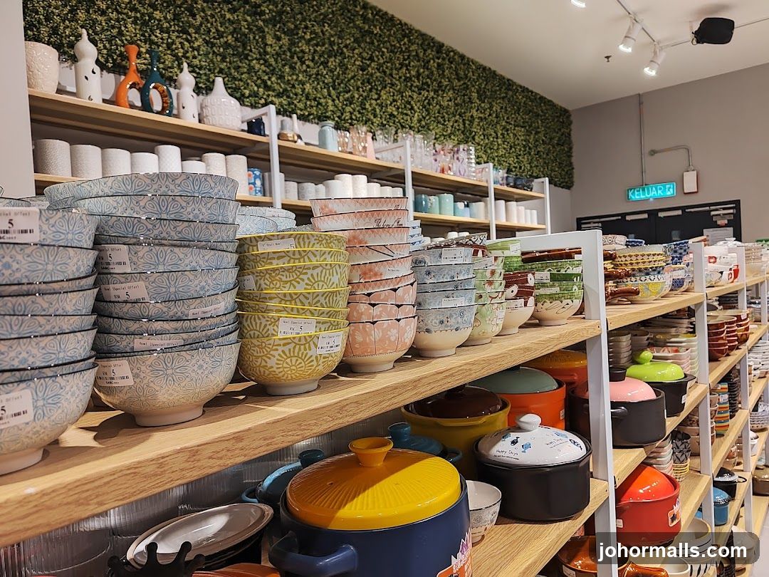 Shelves stocked with bowls and cookware