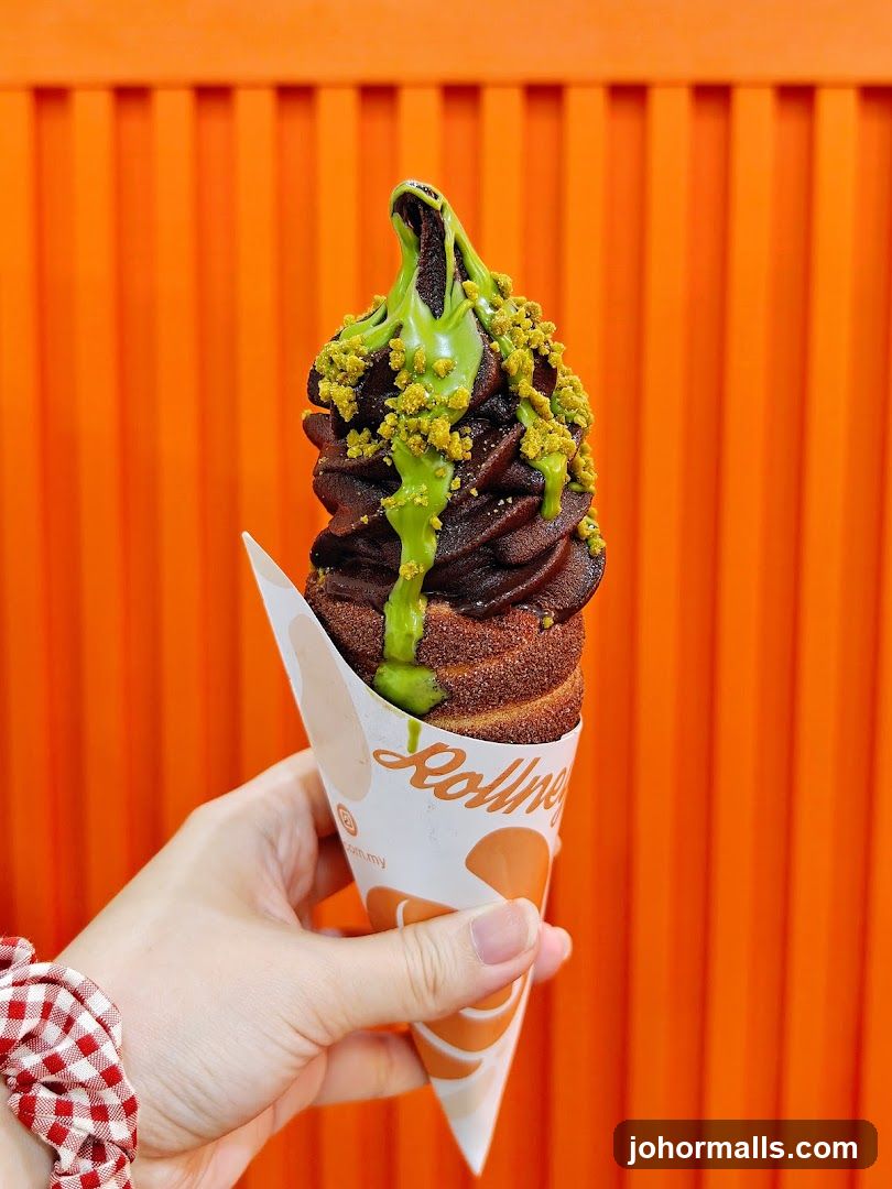 Chocolate Soft Serve with Green Drizzle and Crumble