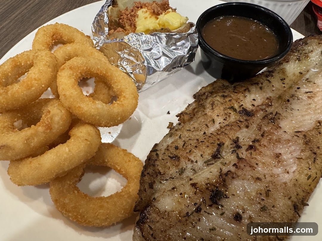 Fish Dinner with Onion Rings and Baked Potato